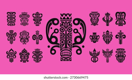Una colección de Vector diversa de máscaras tribales estilizadas, ídolos ancestrales y símbolos étnicos en blanco y negro. Perfecto para temas culturales, conceptos espirituales o proyectos de diseño decorativo.