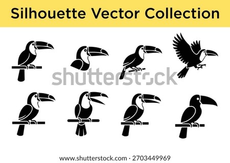 A diverse vector collection of toucan bird silhouettes, perfect for tropical designs, logos, and wildlife themes.