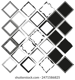 Diverse vector frames collection. Assorted black and white border designs. Decorative square elements set. Classic to modern frame styles.