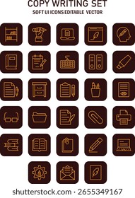 Diversa colección de iconos de Vector que representa Elementos para escribir y crear contenido creativo, conjunto gráfico de interfaz de usuario moderno