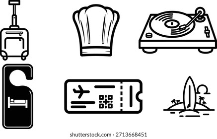 Diversa colección de íconos de Vector que representa la hospitalidad de viajes, las artes culinarias, la música y las actividades de ocio de vacaciones tropicales