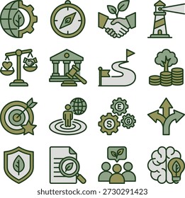 Diversos iconos vectoriales que representan la sostenibilidad global, la gobernanza ética, la responsabilidad social corporativa y los conceptos estratégicos de desarrollo empresarial para uso profesional.