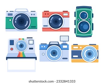 A diverse vector illustration of camera collection showcasing the evolution from vintage to modern styles. Perfect for artists, designers, and camera enthusiasts seeking retro and modern aesthetics.