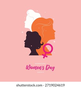 Diversa Ilustración vectorial con tres estilizadas siluetas de mujer en blanco, naranja y negro con un símbolo de género rosa para el Día Internacional de la Mujer.