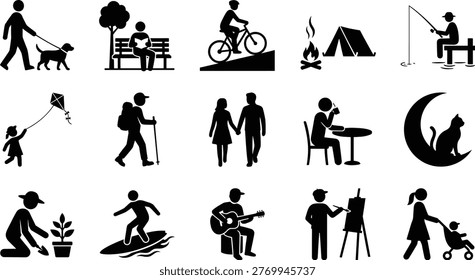 Diverse vector illustration graphic showing various outdoor recreational activities and leisure pursuits in a stylized silhouette design.