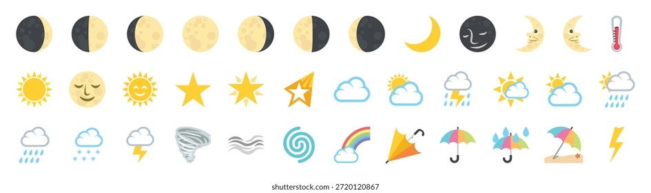 A diverse vector illustration showcasing a variety of weather emojis and icons, including moon phases, suns, clouds, rain, storms, and more. This collection is ideal for digital interfaces, weather apps, and educational materials.