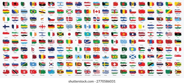 A diverse vector illustration showcasing a vast array of national flags in a textured grunge style. Perfect for global themes, travel, and international representation.