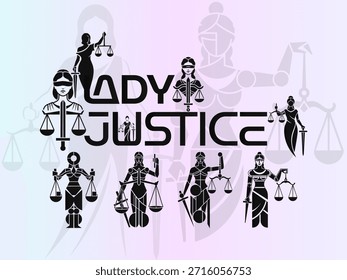 Diversas Ilustraciones vectoriales de Lady Justice sosteniendo escamas y espada, algunas con los ojos vendados. Ideal para diseños legales, corporativos y educativos que simbolizan la ley, la igualdad y la equidad.