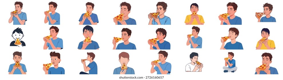Ilustrações vetoriais diversificadas de homens jovens desfrutando fatias de pizza de pepperoni, mostrando vários momentos de comer, fome e satisfação.