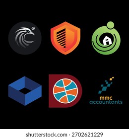 Coleção de Logotipos de Vetor Diversos Conjunto de Seis Modernos Ícones Corporativos e Empresariais com Temas de Tecnologia, Segurança e Esportes.