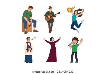 A diverse vector set collection of various musicians, singers, and instrumentalists performing together in different musical styles.