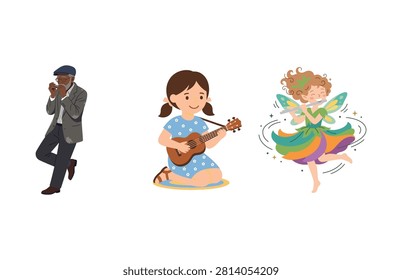 A diverse vector set featuring a saxophonist, a girl playing ukulele, and a dancing fairy character.