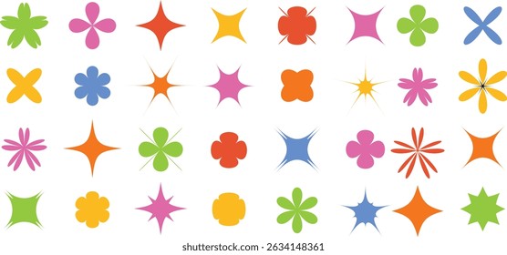 A diverse vector set of sparkling shapes, including black silhouettes and colorful starbursts, ideal for creative decoration and graphic projects.

