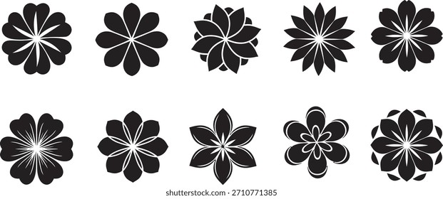 Diverse vector set of stylized geometric flower icons, perfect for modern design projects, branding, wedding invitations, textiles, and decorative elements. Features various petal arrangements and symmetrical patterns.