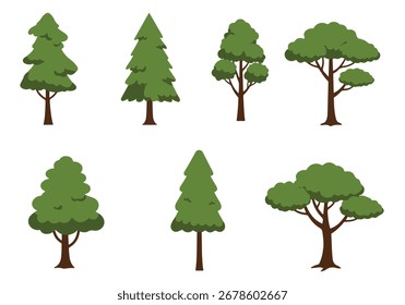 Árvores vetoriais diversificadas em estilo de desenho animado plano, perfeitas para ilustrar a natureza, florestas, parques e cenas ao ar livre, isoladas em um fundo branco.