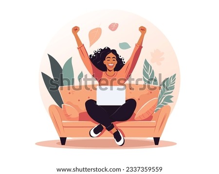 Diverse Victorious Remote Worker Online Entrepreneur Victory Flat Vector of an Ecstatic Girl Winning Online Bid Triumphant Freelancer Success Illustration - Girl with Laptop on Cozy Couch