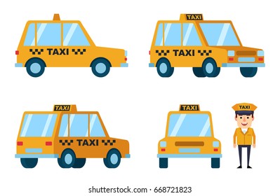 Diverse views of taxi car. Funny taxi driver standing near car.  Flat style vector illustration