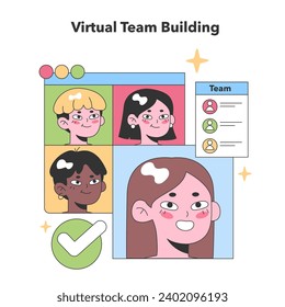 Diversos miembros del equipo virtual en una cuadrícula colorida, con una lista de verificación que simboliza el trabajo en equipo y la unidad. Ilustración vectorial plana para la creación de equipos remotos