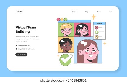 Diversos miembros del equipo virtual en una cuadrícula colorida, con una lista de verificación que simboliza el trabajo en equipo y la unidad. Ilustración vectorial plana para la construcción remota del equipo