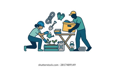 Diverse volunteers engaged in a community project, planting seedlings and organizing supplies. Represents teamwork, sustainability, and social responsibility.