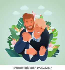 Diverse wedding of LGBTQ couple vector illustration, Portrait of grooms on green tropical arrangement background