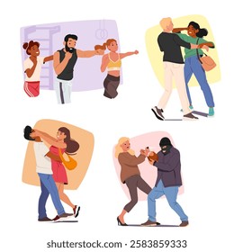 Diverse woman cartoon character training at gym and applying self defense techniques in different situation on city streets vector illustration. Combative physical exercise for life protection