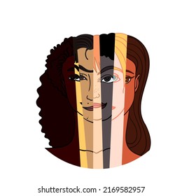 Diverse woman face of different race combining into one. Vector illustration concept for equality. Hand drawn art.