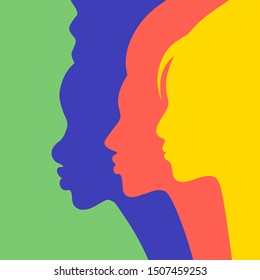 Diverse woman group standing together. Profile silhouettes of girl’s faces at womens rights protest, charity benefit or student parade as a card, poster or product package. EPS10 vector.
