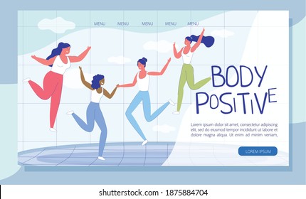 Diverse Woman Have Fun Doing Sport. Young Girl with Different Figure Measurement and Weight Jumping on Trampoline. Self Acceptance. Fitness Workout. Body Positive Landing Page. Vector Illustration
