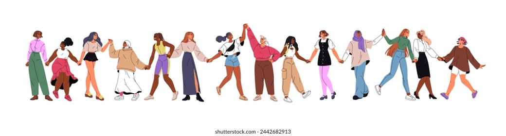 Diverse woman hold hands. Row of females stands together. Strong and powerful international sisterhood. Feminism movement, girl power concepts. Flat isolated vector illustration on white background