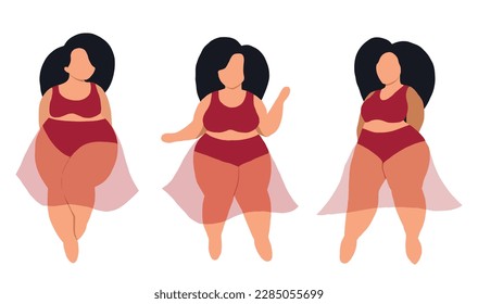 Diverse woman in tracksuit. Women with different beauty, physique, shapes, figure, hair, skin color. Flat vector illustration isolated on white background