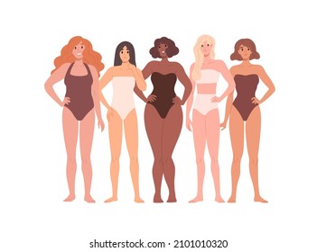 Diverse woman in underwear. Women with different beauty, body type, shapes, figure, hair, skin color. Females in swimsuits, group portrait. Flat vector illustration isolated on white background