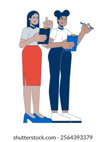 Diverse women administrators supervisors holding clipboards 2D cartoon characters. Females mentor mentee taking notes isolated people flat vector on white background. Spot illustration colorful