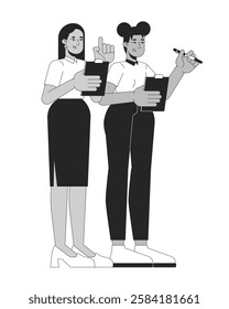 Diverse women administrators supervisors holding clipboards black and white 2D line characters. Females mentor mentee taking notes isolated vector outline people. Monochromatic spot illustration