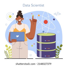 Diverse women in AI and STEM concept. Female character works with big data. Mining and analyzing of digital information for business and technology development. Flat vector illustration