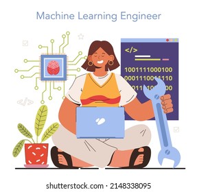 Diverse women in AI and STEM concept. Female character works with artificial intellegence. Machine learning engineer. Futuristic technology and automation. Flat vector illustration