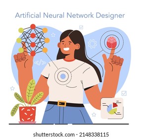 Diversas mujeres en el concepto de IA y STEM. Diseñador artificial de redes neuronales. El personaje femenino trabaja con big data, inteligencia artificial, aprendizaje automático y robótica. Ilustración vectorial plana