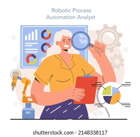 Diverse women in AI and STEM concept. Robotic process automation analyst. Female character works with big data, artificial intellegence, machine learning and robotics. Flat vector illustration