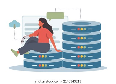 Diverse women in AI and STEM concept. Female character works with big data, AI, machine learning. Woman studying innovative areas. Futuristic technology and science. Vector illustration