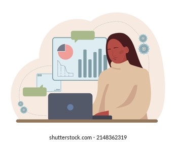 Diverse women in AI and STEM concept. Female character works with big data, AI, machine learning. Woman scientist studying innovative areas. Futuristic technology and science. Vector illustration