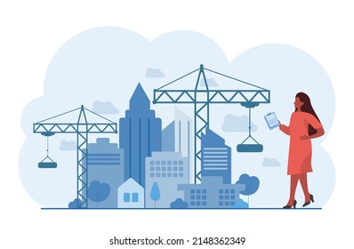 Diverse women in AI and STEM concept. Female character works with modern urban technologies. Woman scientist studying innovative areas. Vector illustration