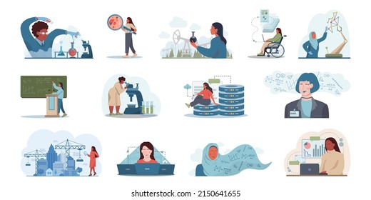 Diverse women in AI and STEM concept set. Female character works with big data, AI, machine learning. Woman scientist studying innovative areas. Futuristic technology and science. Vector illustration