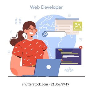 Diverse women in AI and STEM concept. Female web developer. Website optimization and web page interface design. Coding and testing site in the internet. Isolated flat vector illustration