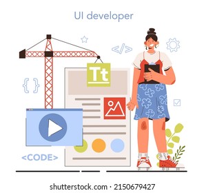 Diverse women in AI and STEM concept. Female UI developer. App interface improvement. User interface design. Modern technology concept. Flat vector illustration