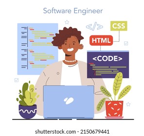 Diverse women in AI and STEM concept. Female character works with software. Idea of programming, coding, software development. Digital technology. Flat vector illustration