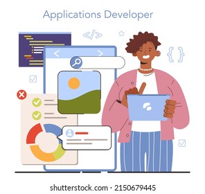 Diverse women in AI and STEM concept. Female mobile app developer. Modern technology and smartphone interface design. Application building and programming. Vector flat illustration