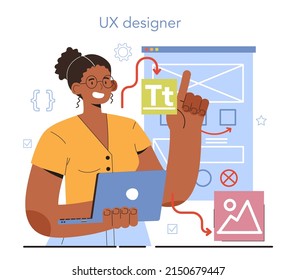 Diverse women in AI and STEM concept. Female UX designer. App interface improvement for user experience development. Modern digital design industry. Flat vector illustration