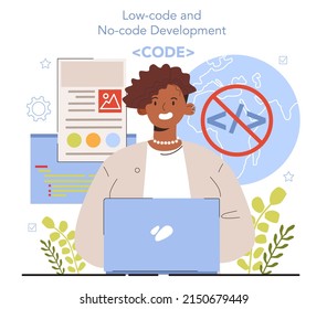 Diverse Women In AI And STEM Concept. Female No Code Or Low Code Developer. Visual Software Development Tacking And Connecting Application Components For App Creation. Flat Vector Illustration