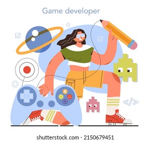 Diverse Women In AI And STEM Concept. Female Game Developer. Creative Process Of A Computer Video Game Design. Digital Technology, Programming, Codding And Testing. Isolated Flat Vector Illustration