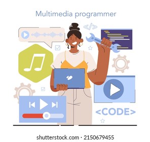 Diverse women in AI and STEM concept. Female multimedia programmer designing and creating multimedia computer products that combine text with sounds and pictures. Flat vector illustration
